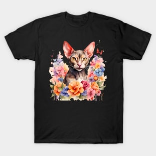 A cornish rex cat decorated with beautiful watercolor flowers T-Shirt